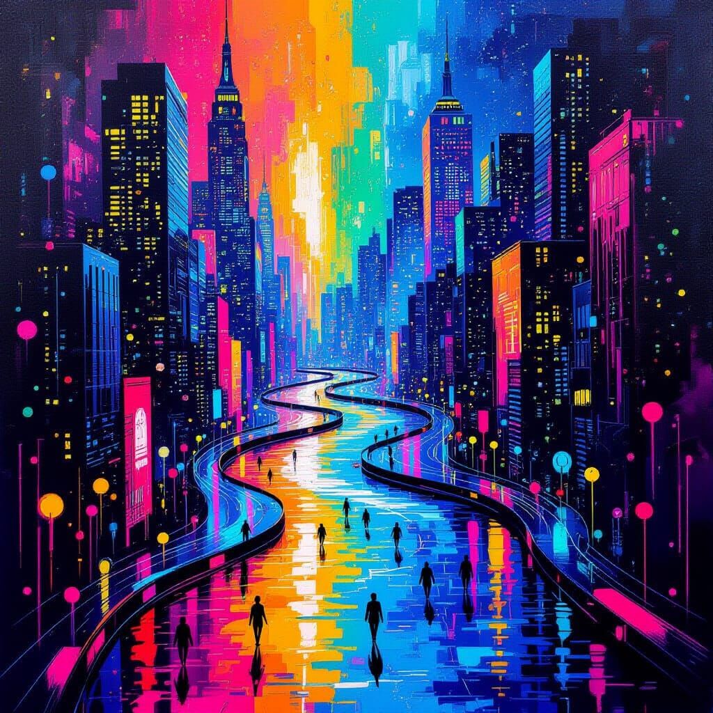 Abstract Cityscape of Paint and Neon Rivers