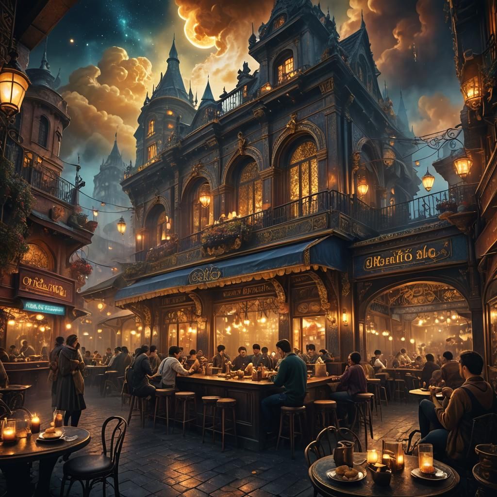 Mystical Night Cafe in a Fantastical Cityscape