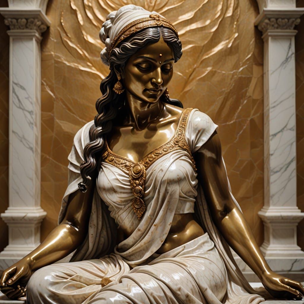 Indian Woman Bathing: Baroque Marble Sculpture