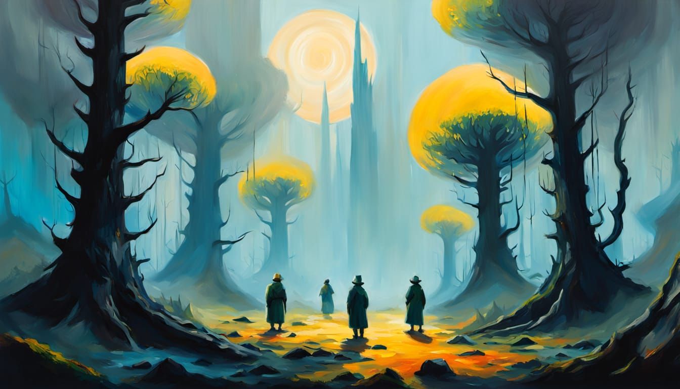 Enchanted Forest with Shadow Creatures as Impasto Painting