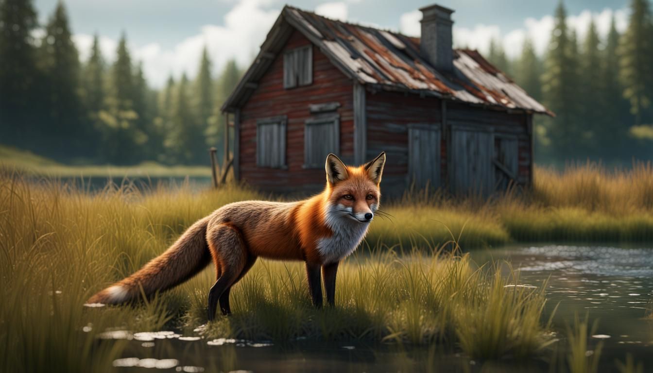 Hyperrealistic Red Fox Portrait on Lakeside