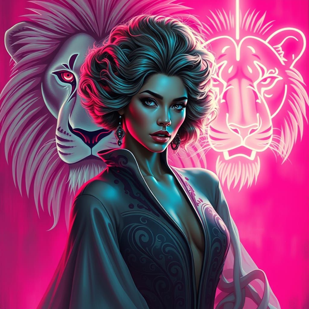 Sensual Goddess in Neon Art Deco Style with Majestic Lion