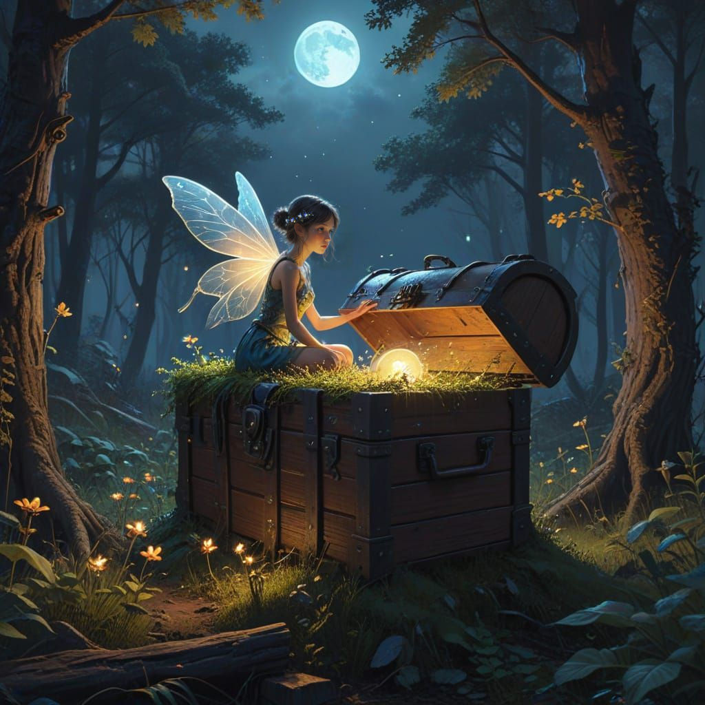 Fairy in Treasure Chest Moonlit Forest