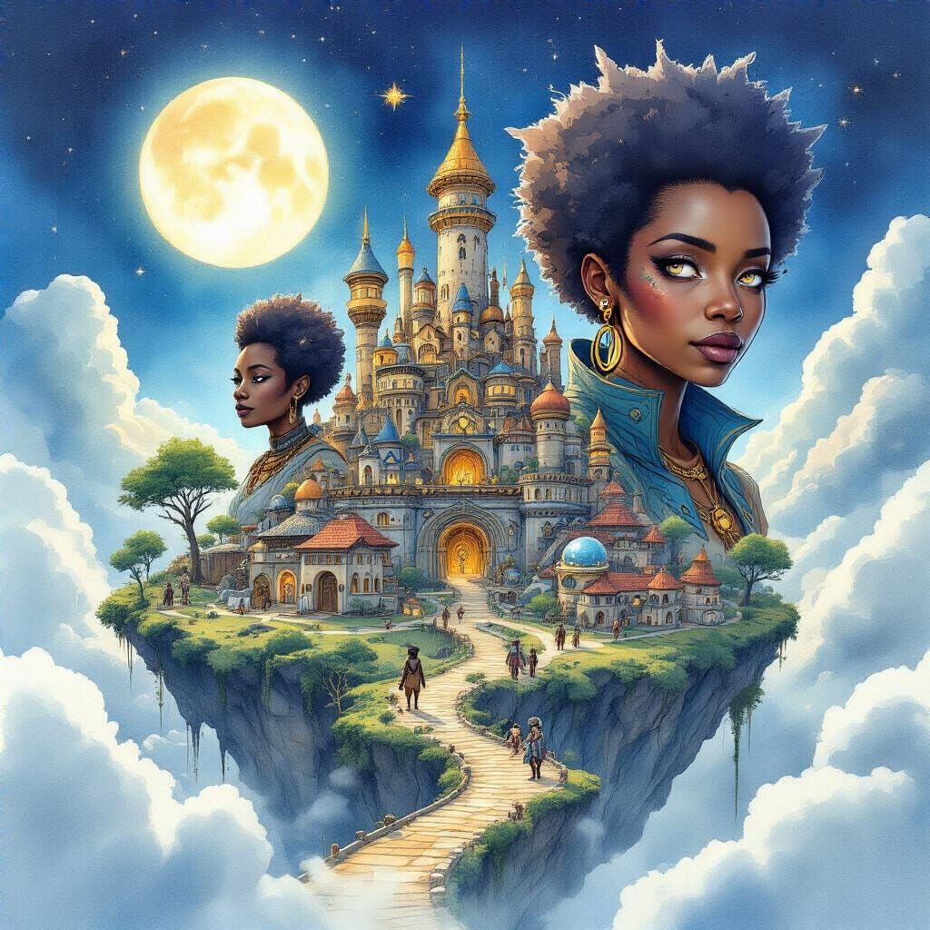 Afrofuturist Watercolor of Magical Spaces and Characters
