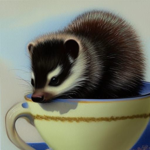Baby Skunk in Teacup: Oil Painting by Gurney