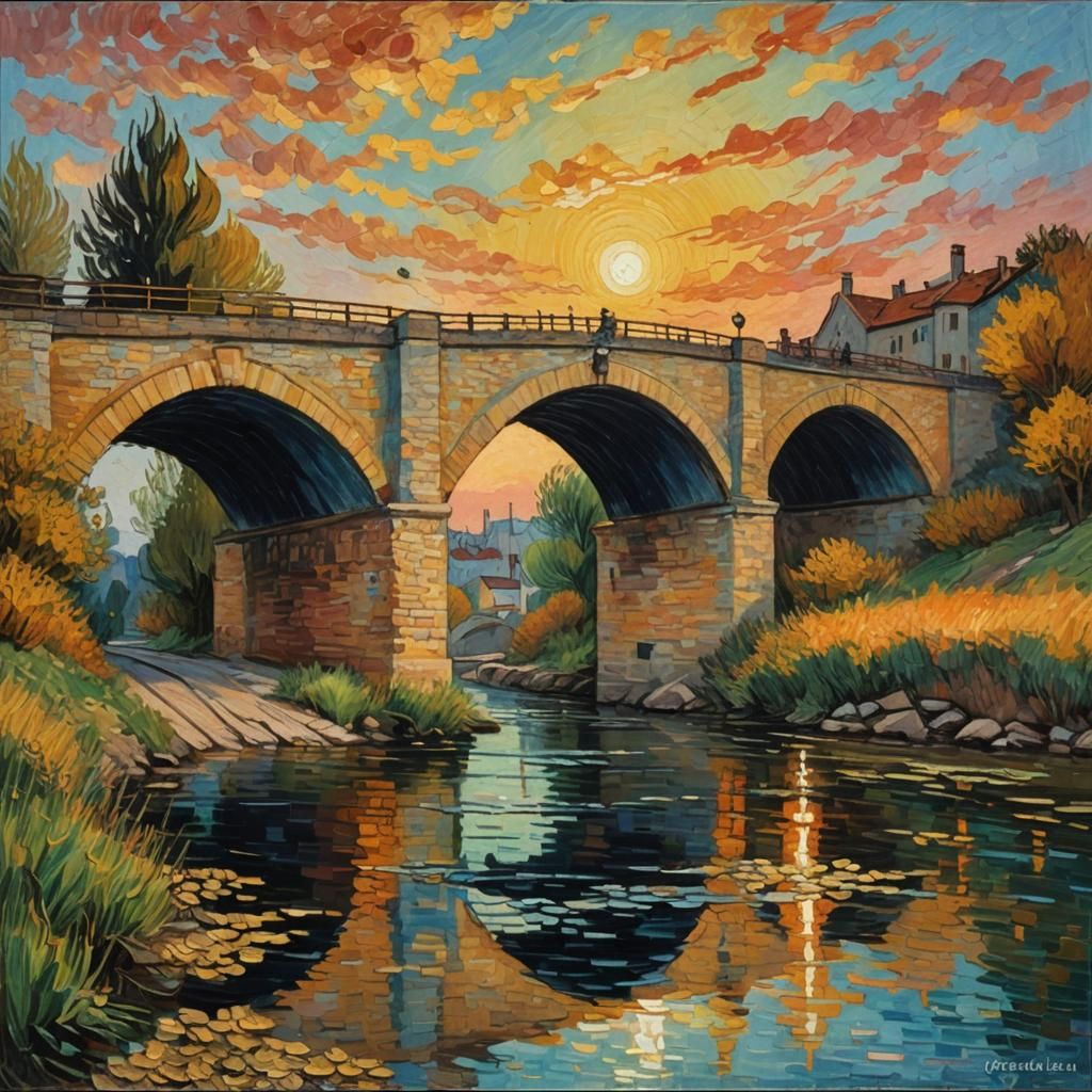 Sunset Bridge in Neo-Impressionist Expressionist Style