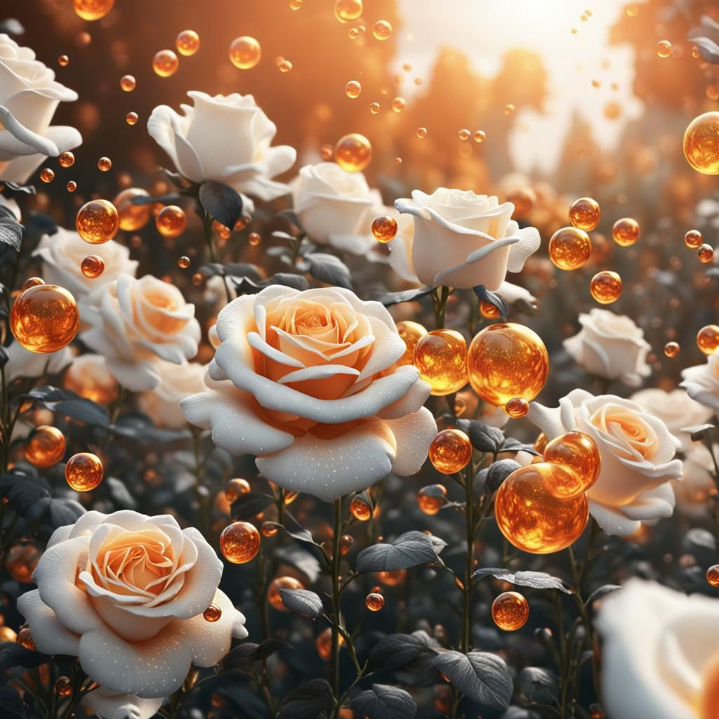 Orange Bubbles on White Roses in Detailed Matte Painting