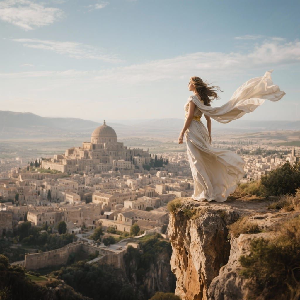 Wind Goddess Overlooking Ancient City on Cliff Edge