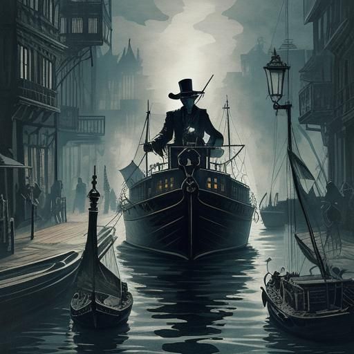 Steampunk Boat on the Thames: Ink Painting