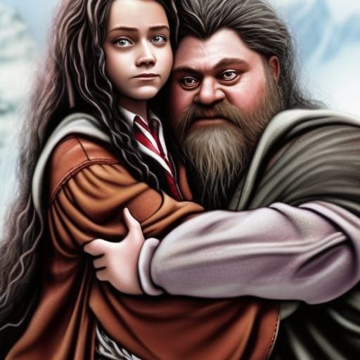 Hermione Granger and Hagrid hugging