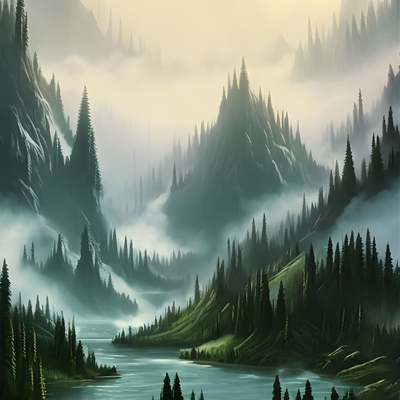 Misty Forest Mountain Valley in Hyperrealistic Style