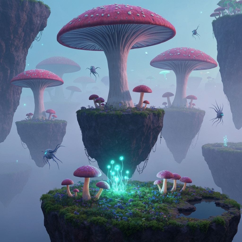 Bioluminescent Mushroom Dreamscape With Floating Islands