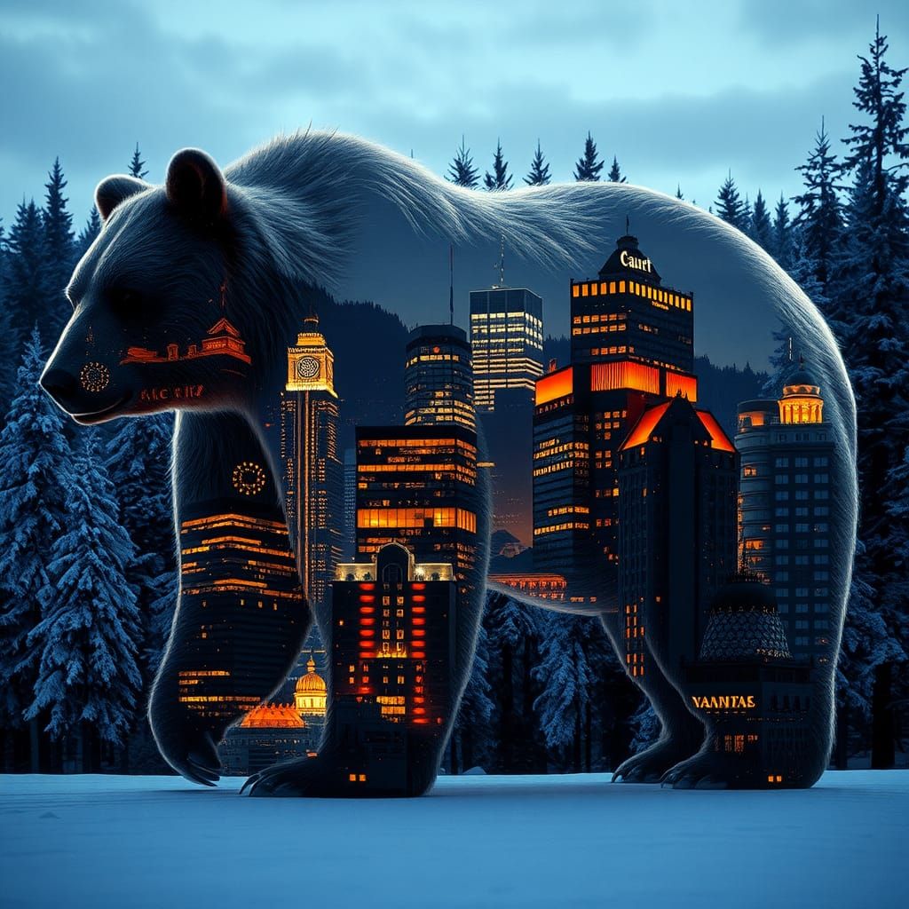 Transparent Bear with Cityscape in Snowy Forest
