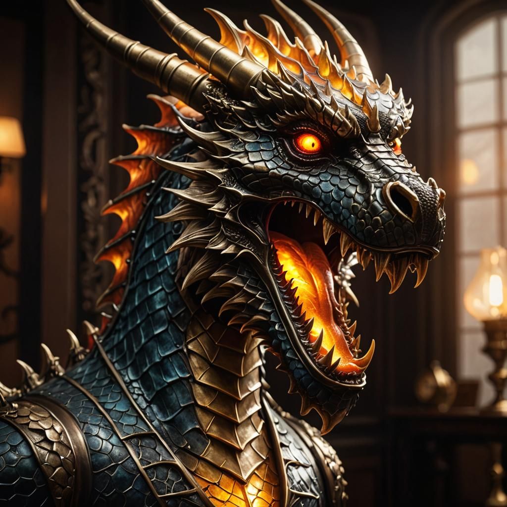 Dragon Head Lamp in Living Room: Digital Art