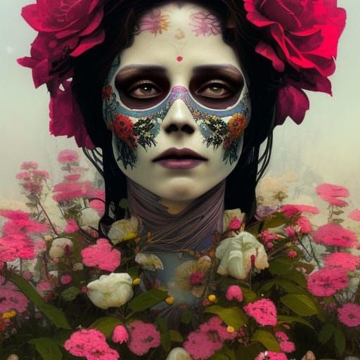 Santa Muerte Surrounded by Flowers: Hyperdetailed Portrait