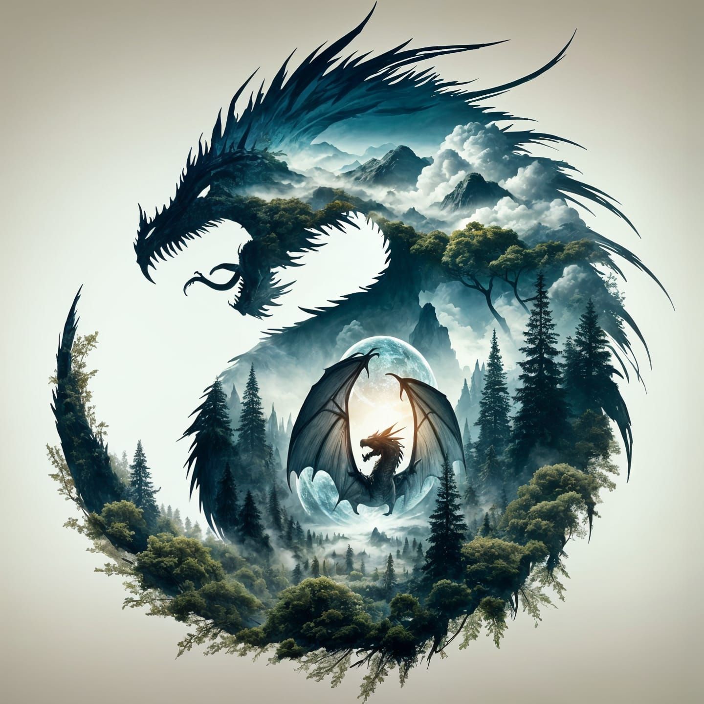 Dragon Silhouette with Fantasy Landscape, Matte Painting