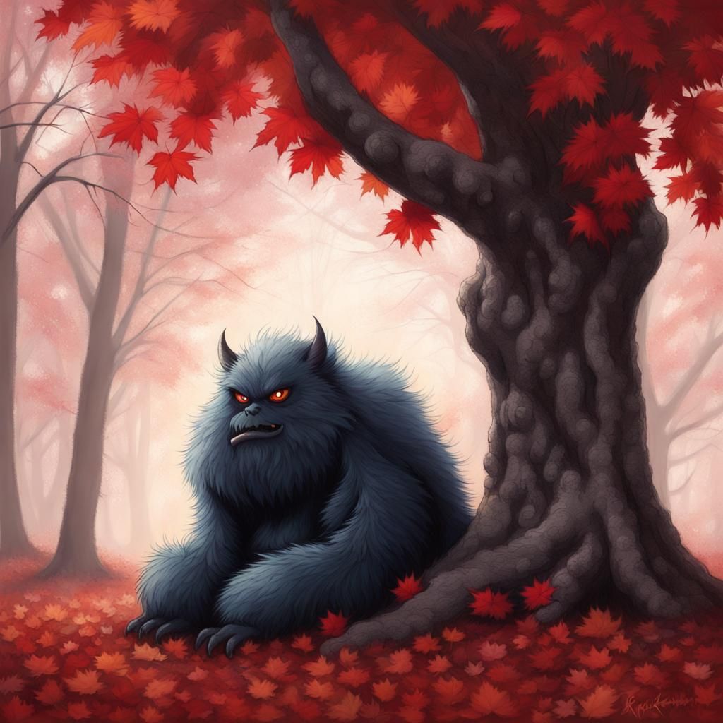 Fluffy Monster Under Red Maple Tree