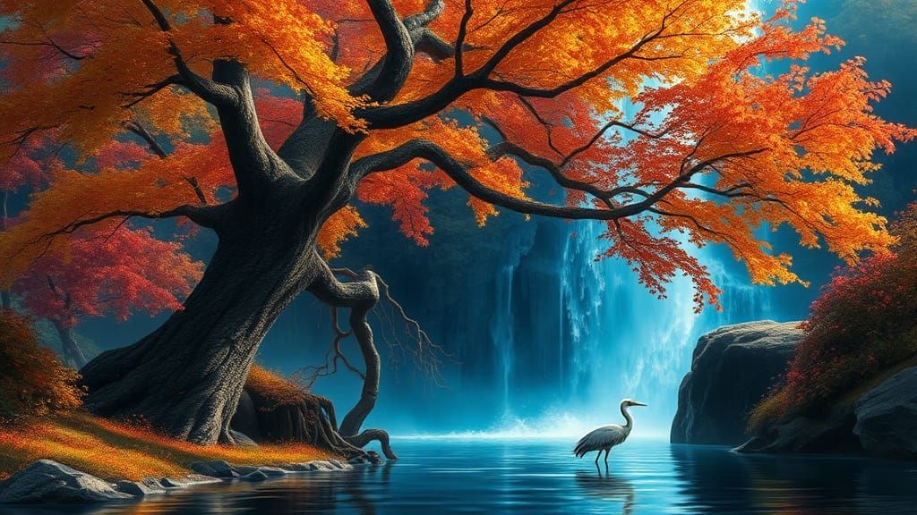 Ancient Tree and Waterfall in Digital Painting Style