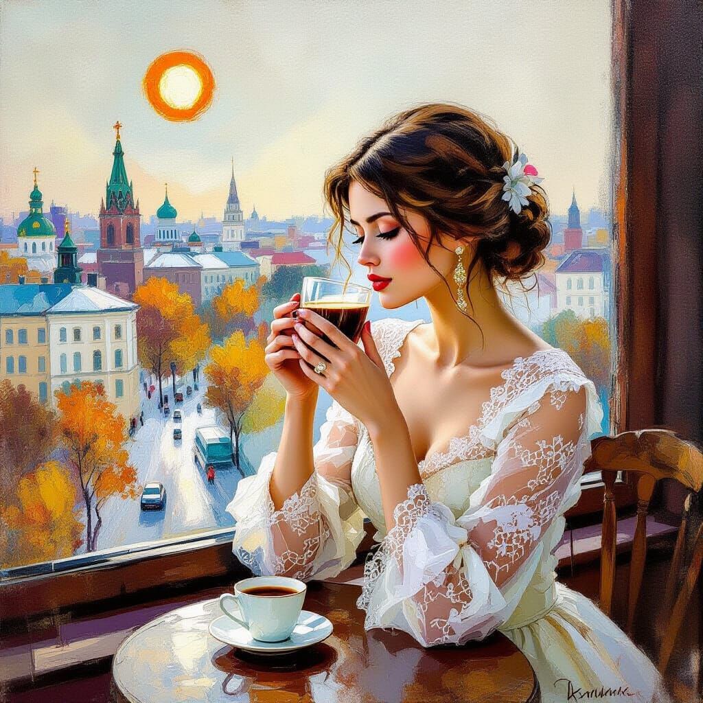 Russian Girl Enjoys Coffee in Autumn Cityscape