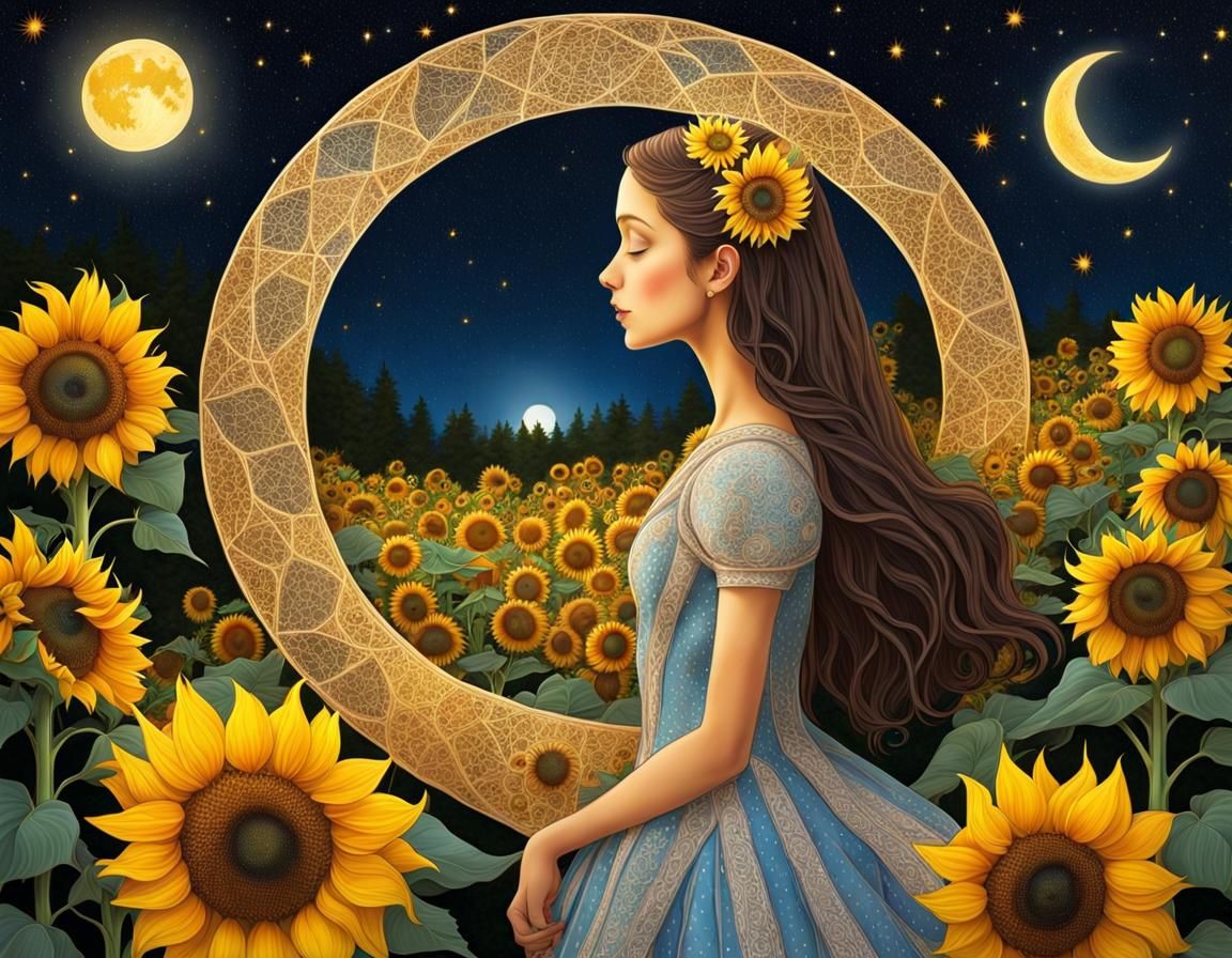 Princess Greets Moon in Cosmic Sunflower Garden