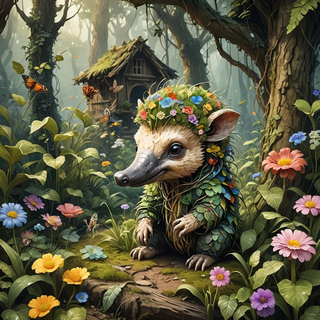 Chibi Straw Anteater Portrait in Colorful Natural Setting