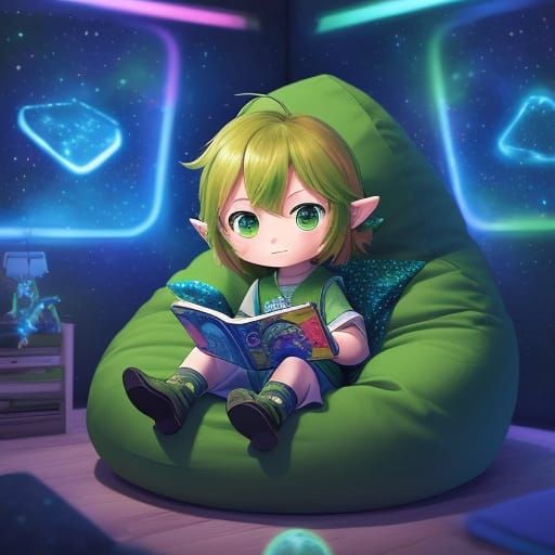 Chibi Link Reading Comic Book in Spaceship Cabin