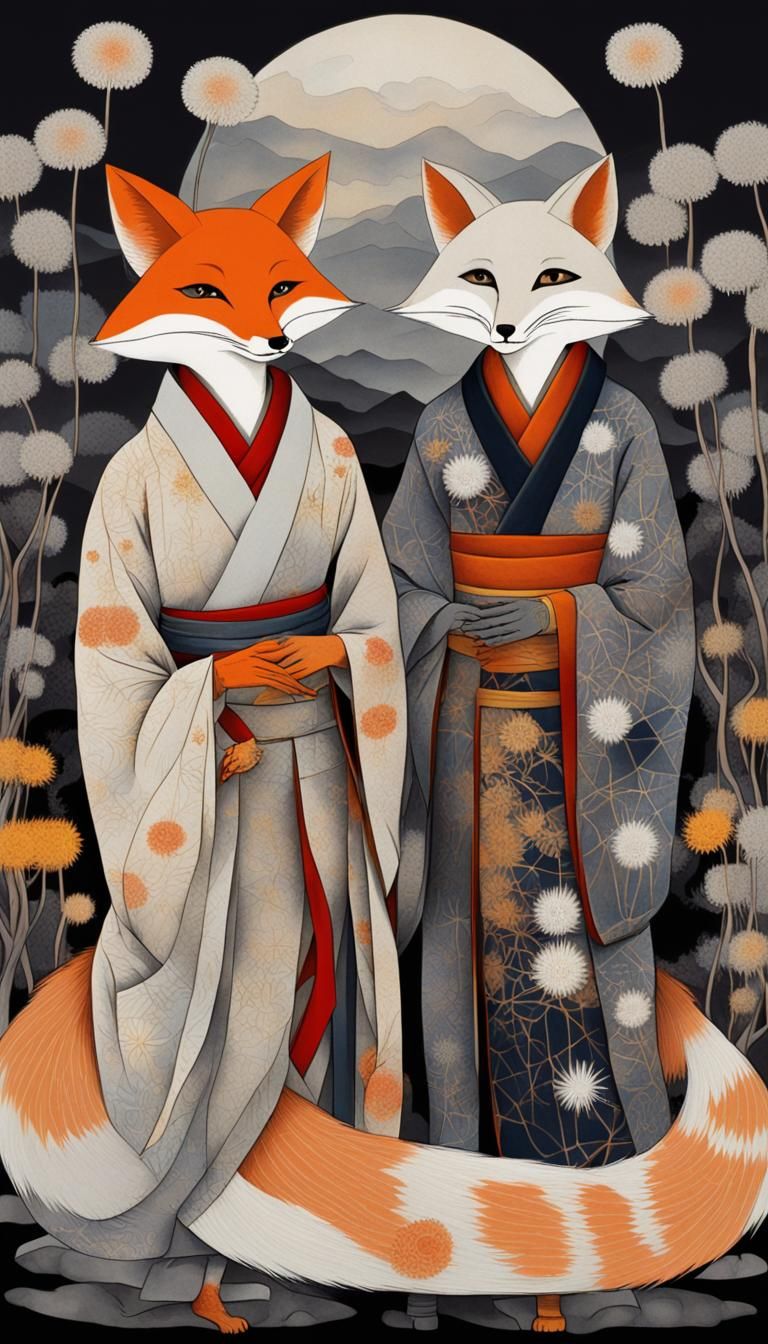 Kitsune fox couple wedding wearing intricately patterned kimonos, Japanese wedding, in a Million Dandelion dreamscape...