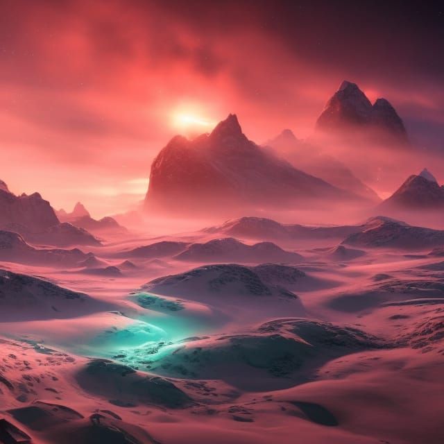 Icy Planet with Red Sun and Auroras: Digital Painting