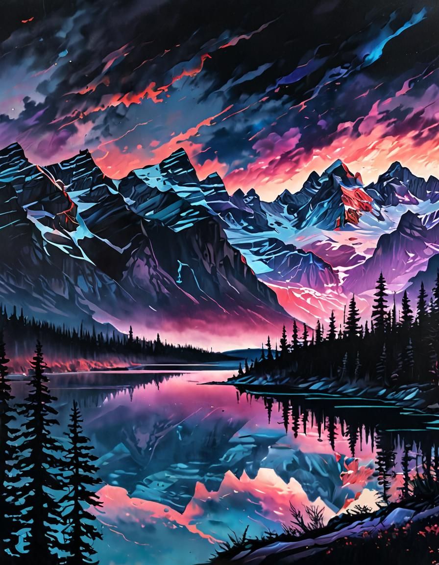 Canadian Rockies Sunrise: Vaporwave Oil Painting