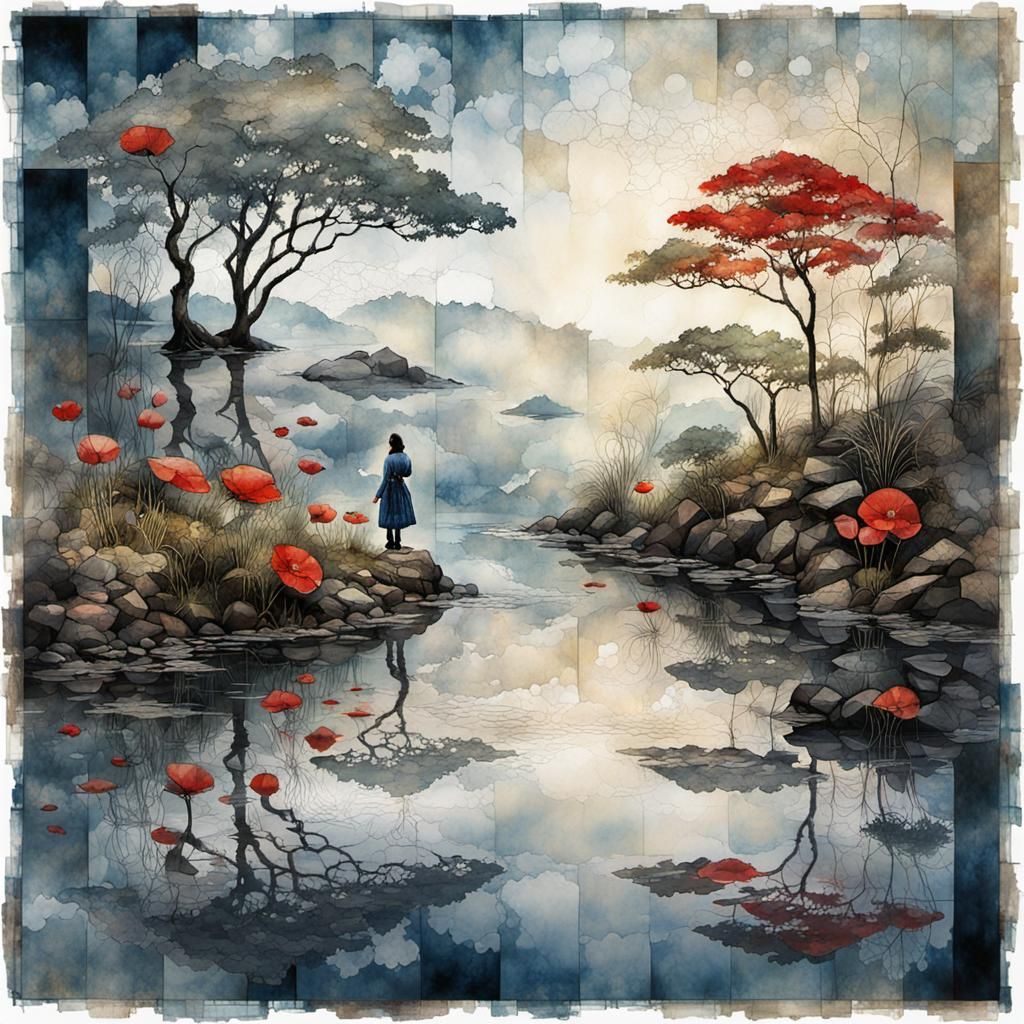 Asian Woman Portrait with Liquid Ink Effect