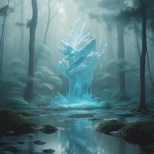 Melting Ice Sculpture in Forest Glade