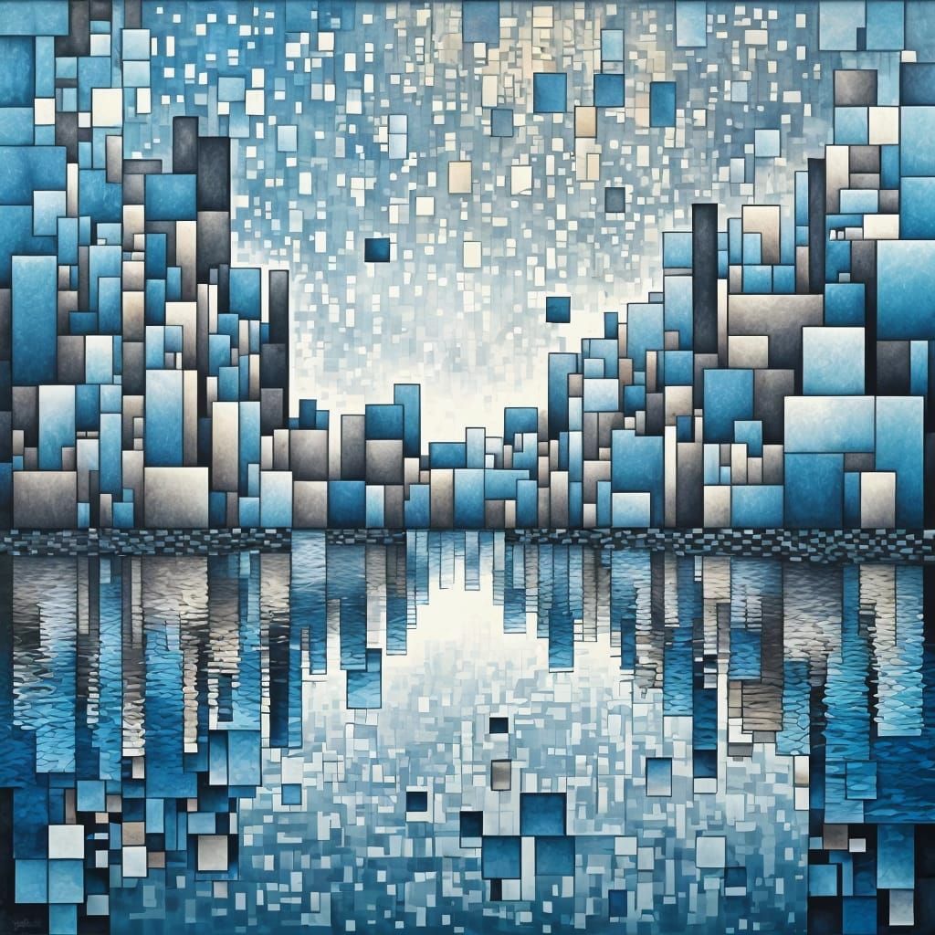 Abstract Rainy Cityscape Painting with Geometric Shapes
