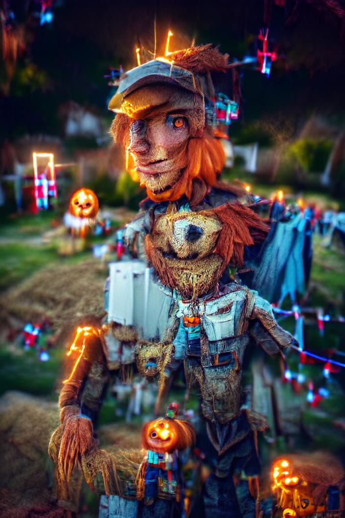 Dog and Giant Halloween Scarecrow in 8K 3D