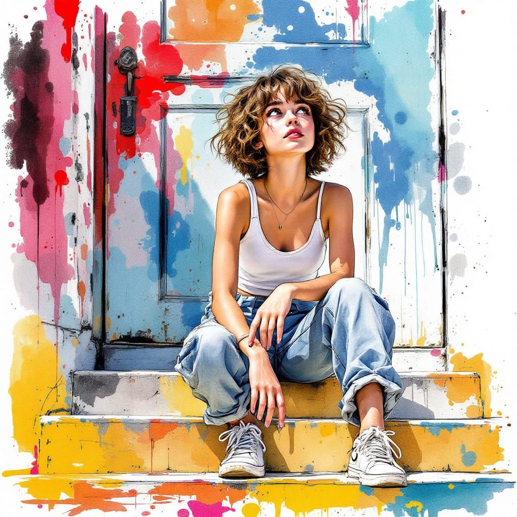 Contemplative Girl on Stoop: Hyperrealistic Ink Sketch