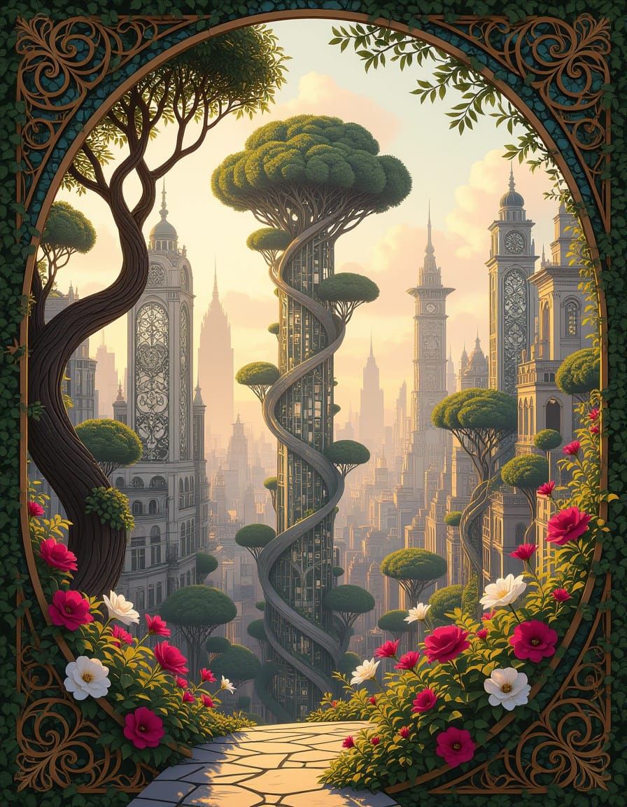 Art Nouveau Cityscape of Trees and Flowers