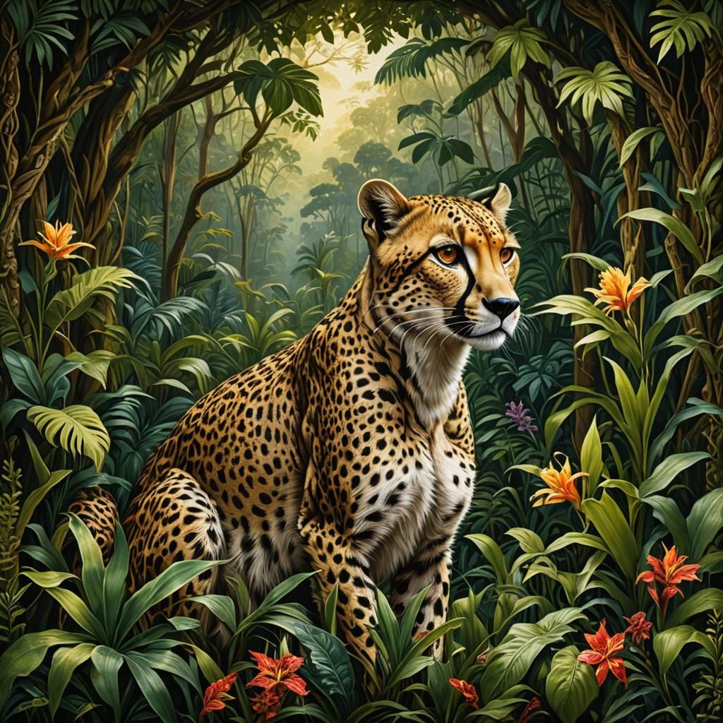 Cheetah in Rainforest Tapestry in Medieval Style