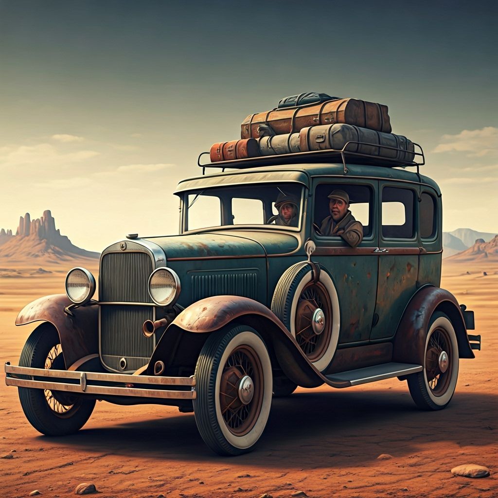 Vintage Car on Deserted Road in Gritty Realism Style