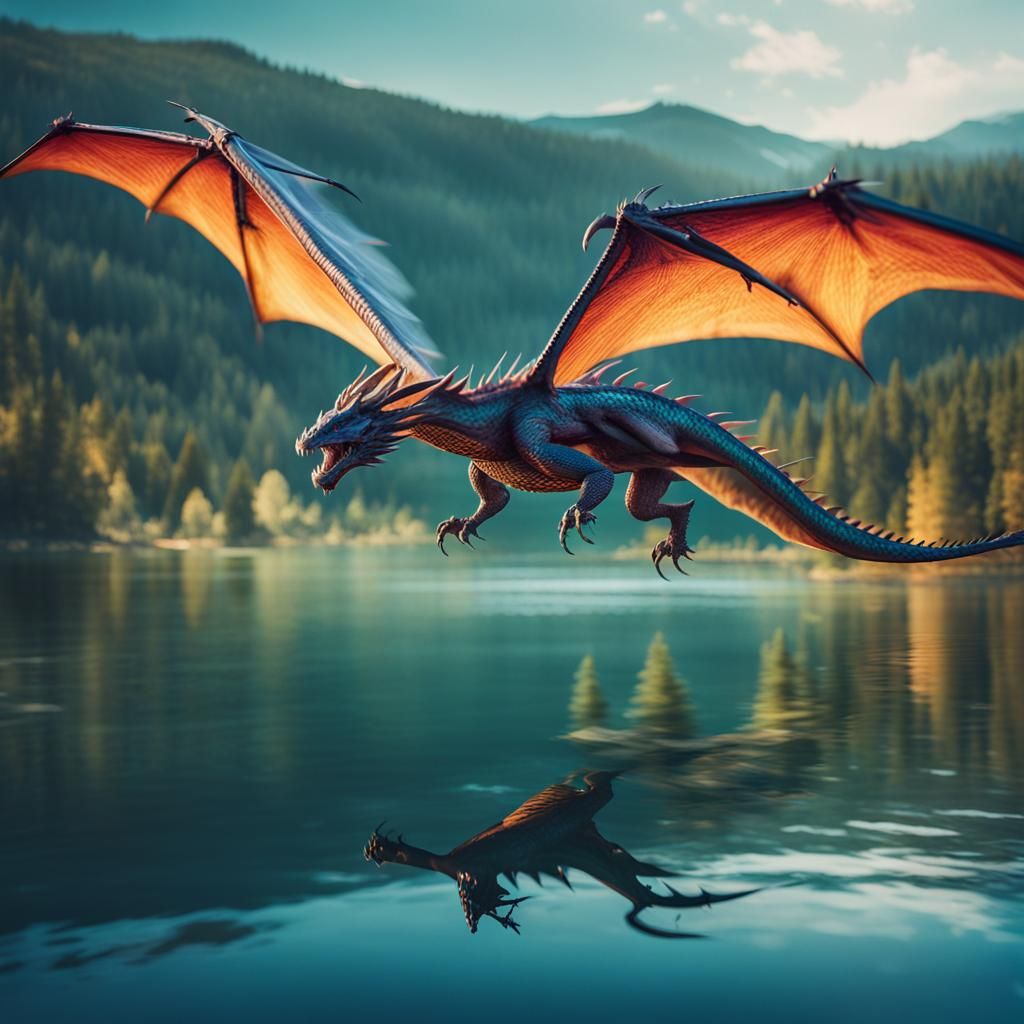 Colorful Dragon Glides Over Lake: Cinematic Still