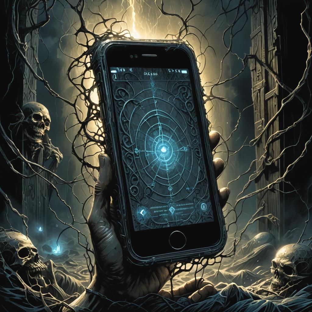 Cursed Cell Phone Emitting Eerie Glow: Dark Fantasy Illustra...