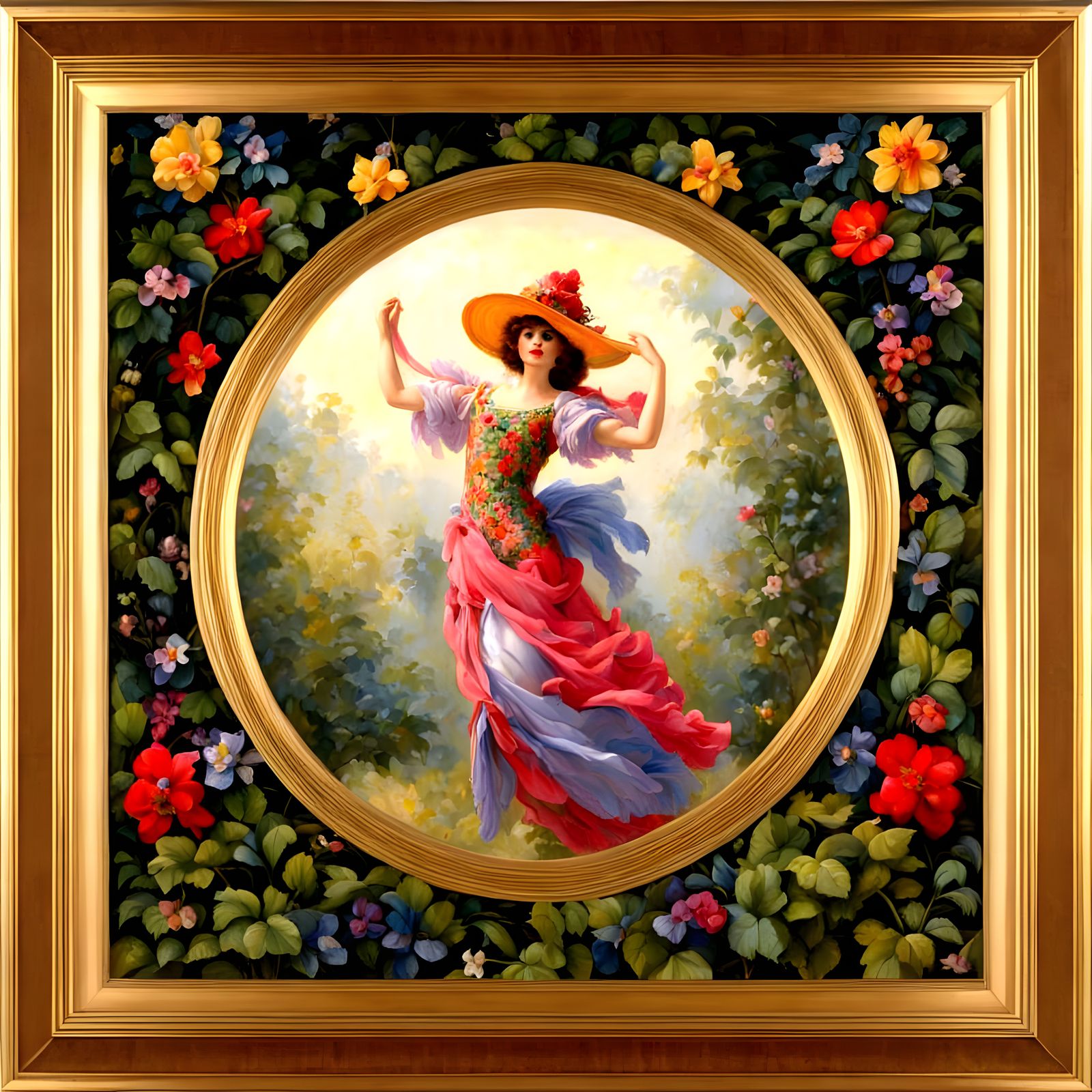 Joyous  FAIRY dancer, brocade hat, floral, forest, Faith Ringgold, PINO DAENI, HYPERDETAILED