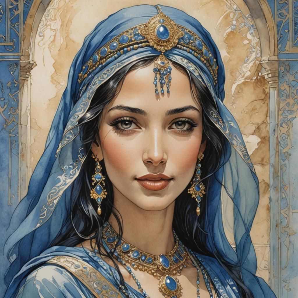Arabian Princess Portrait in Blue, Comic Art Style