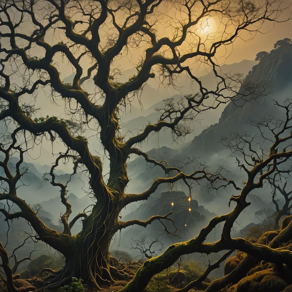 Luminous Tree Amidst Misty Mountains: Digital Matte Painting