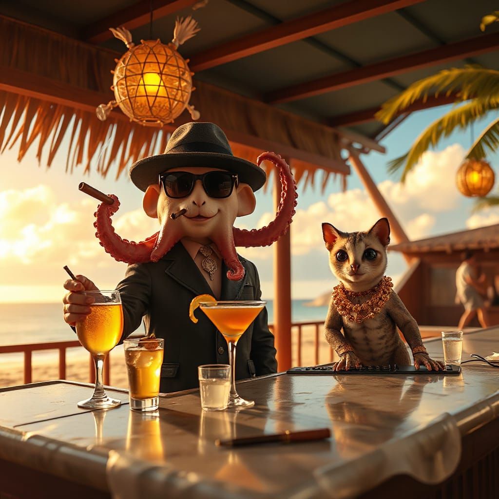 Surreal Tropical Bar Scene with Octopus Bartender and Gangst...
