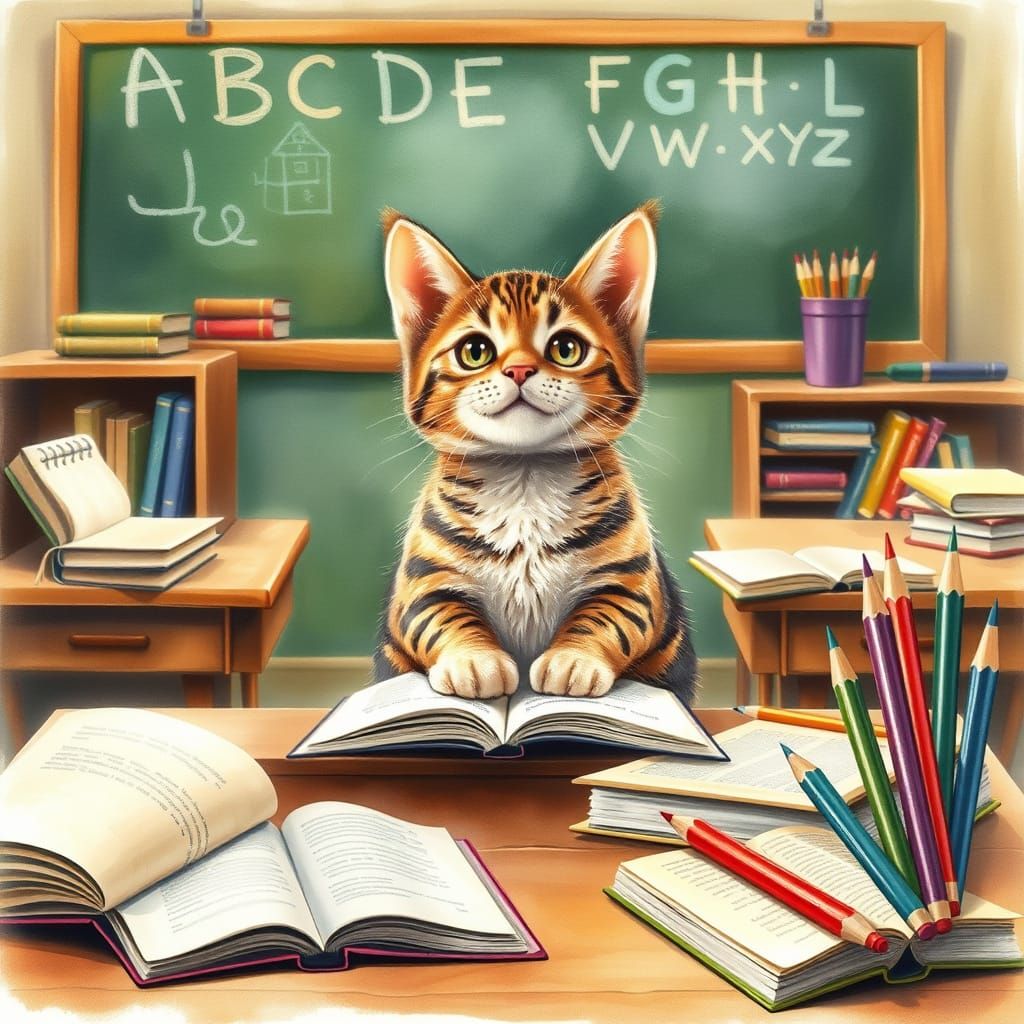 Whimsical Tabby Cat Surrounded by Childhood Wonder