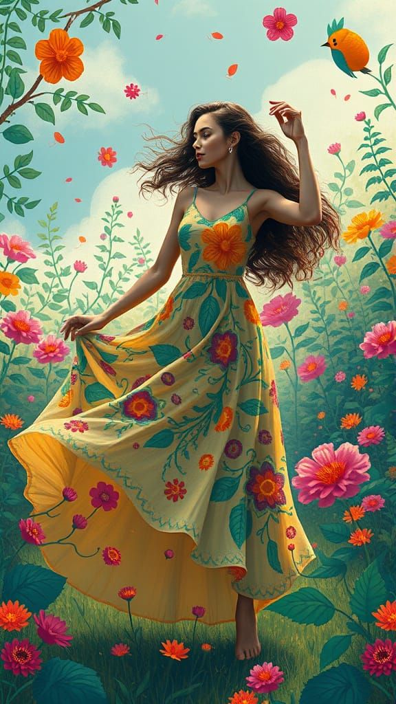 Dancing Woman in Lush Garden: Dreamy Digital Art