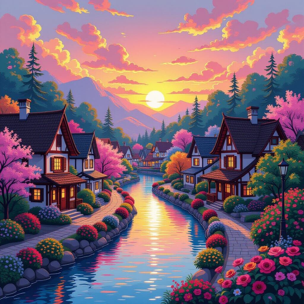 Colorful Village Scene in Impressionist Folk Art Style