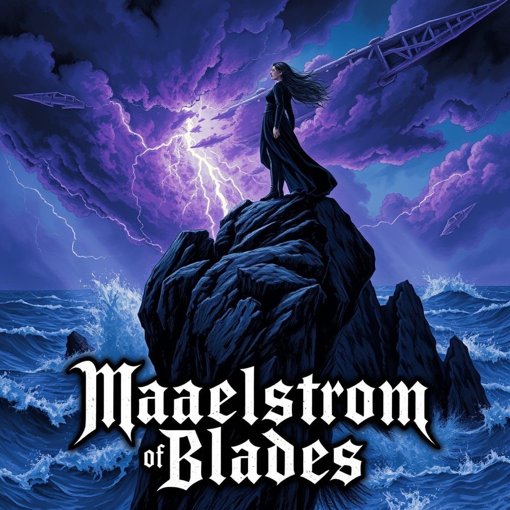 Stormy Cliffside Scene with Dark Metal Album Art