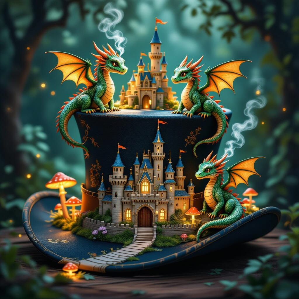 Miniature Dragon Kingdom in Vintage Top Hat Fantasy Illustra...