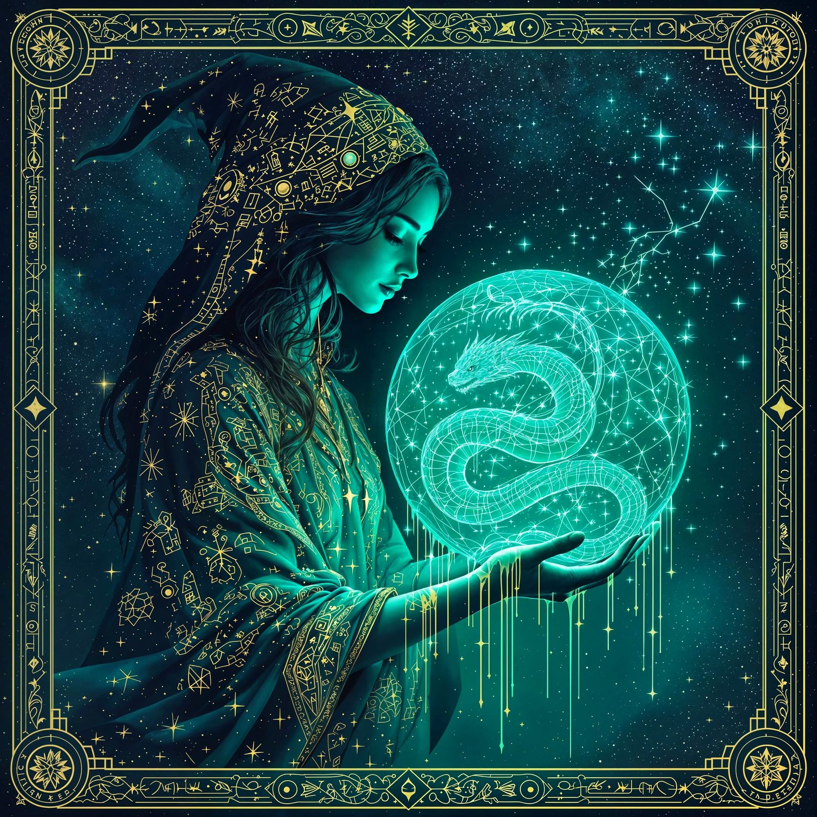 Witch Cradles Celestial Serpent in Turquoise Sphere
