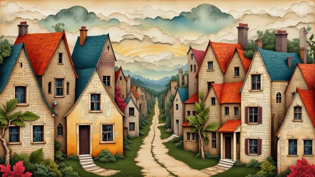 Origami Crane Houses in Surreal Digital Art Style